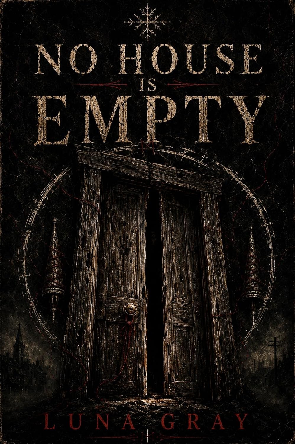 Cover of No House Is Empty by Luna Gray, featuring an old dark house under a full moon with a figure standing at its entrance